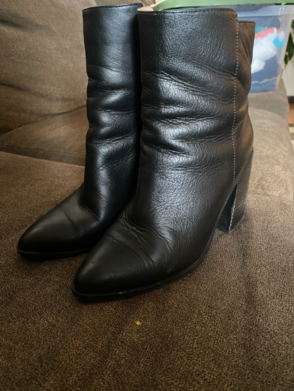 Zac Posen Black Leather Pointed Toe Block Heel Ankle Boots